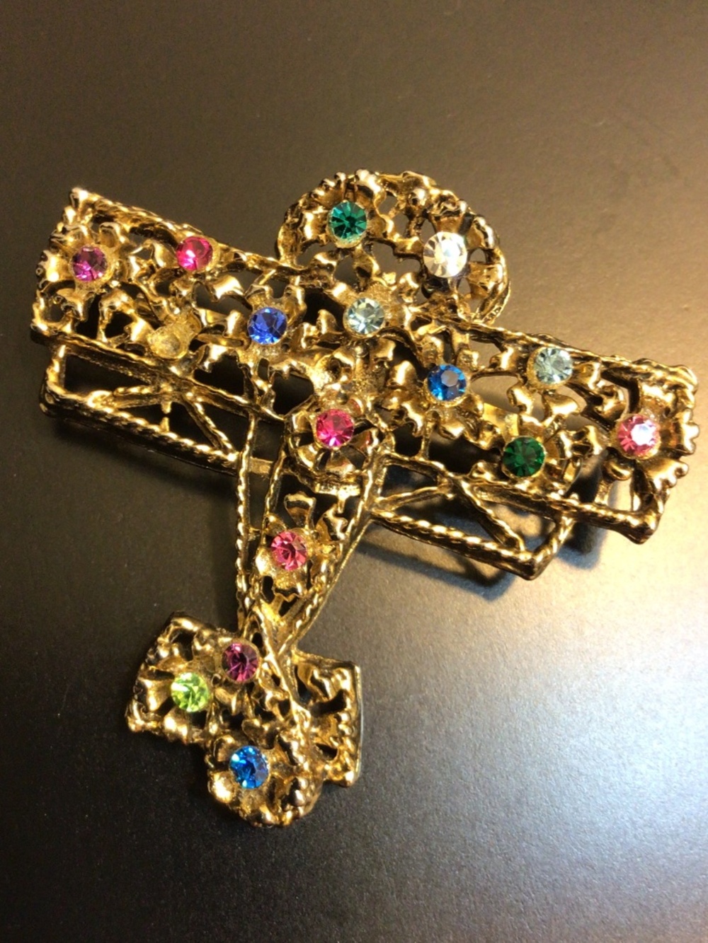 Vintage Airplane Multicolor Rhinestones Brooch Gold Tone Openwork Design